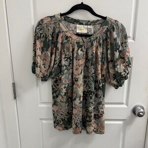 Anthropologie Maeve 100% Linen Women's Floral Top Green and Pink Size Small